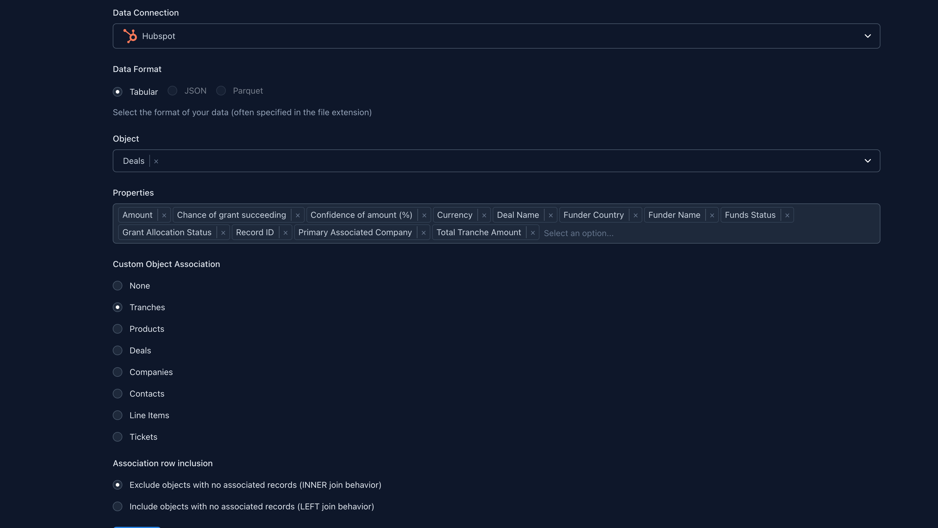 Interface showing how to select HubSpot objects, properties, and custom object associations when building a Nexadata dataset