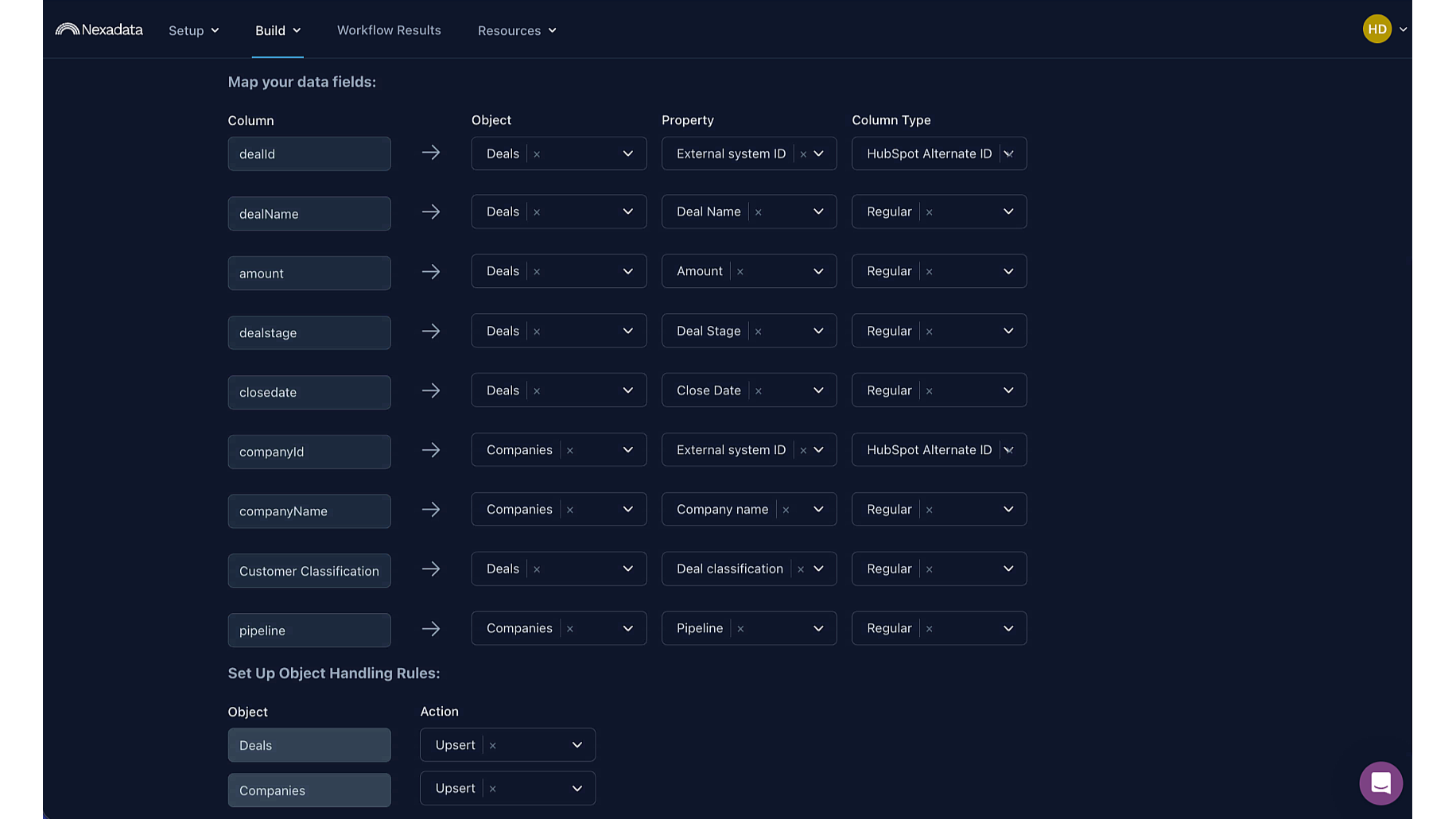 Mapping interface showing pipeline fields matched to HubSpot object properties with various update options.